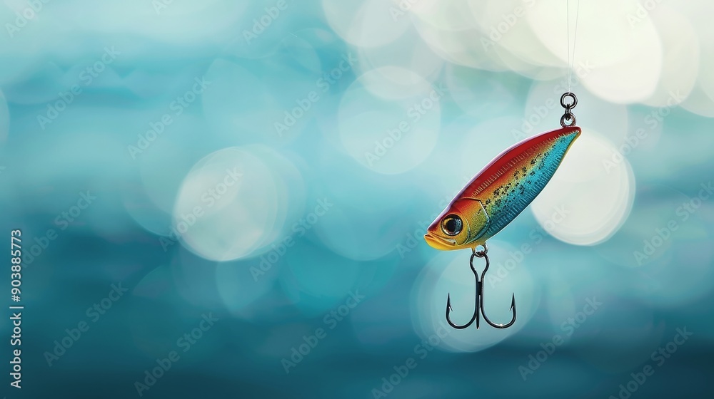 Colorful Fishing Lure with Multiple Hooks and Feathers on Blue Abstract Background, Close-Up Shot Showing Vibrant Colors and Details. Colorful Fishing Lure with Multiple Hooks and Feathers on Blue Abstract Background, Close-Up Shot Showing Vibrant Colors and Details.