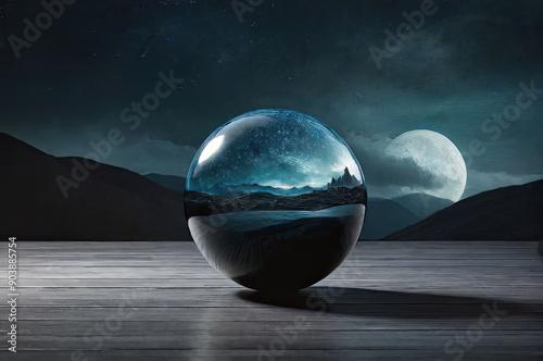 Magic ball, prediction, fantasy, future, gloomy destroyed world, darkness, dark planet. photo