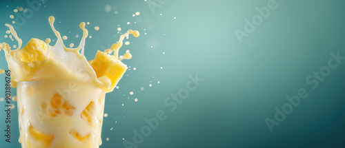Pina colada cocktail with splashes, on a teal background with copy space for text