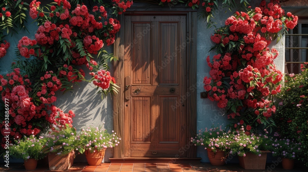 Fototapeta premium Wooden Door with Flowers