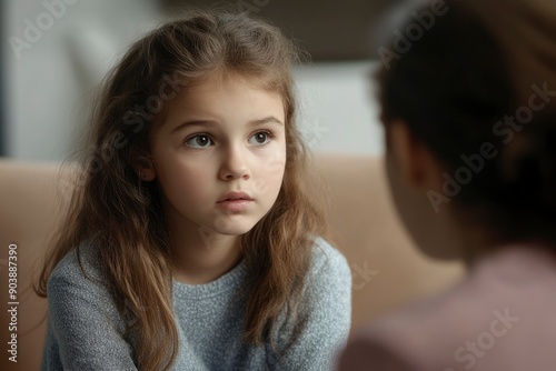 Little girl sharing her concerns with supportive child psychologist during therapy session in , ai