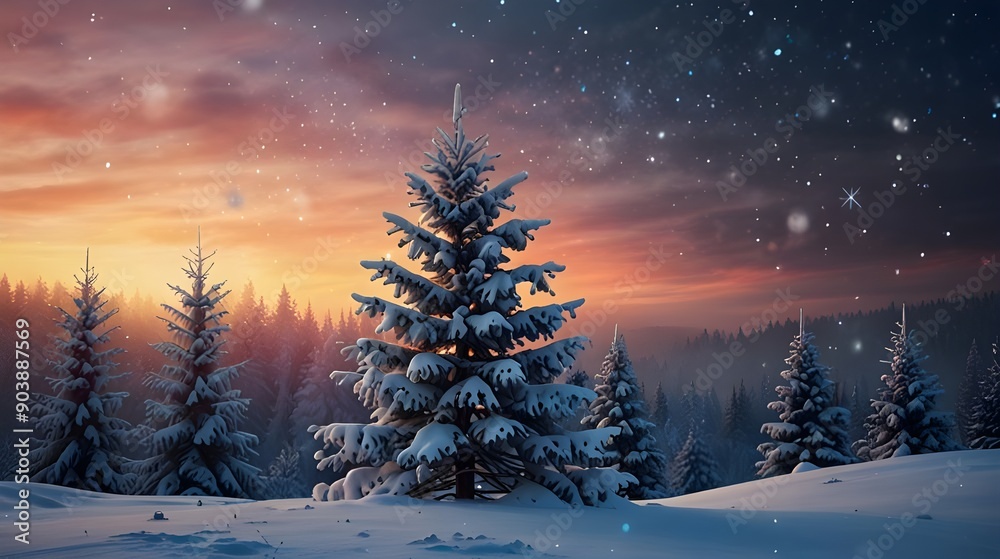 Fantasy winter landscape with christmas tree and snowflakes. Beautiful abstract colorful winter christmas snowy forest background
Fantasy winter landscape with christmas tree and snowflakes. Beautiful abstract colorful winter christmas snowy forest background