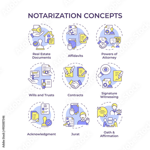 Notarization multi color concept icons. Contract business, notary services. Will and trust. Icon pack. Vector images. Round shape illustrations for infographic, presentation. Abstract idea