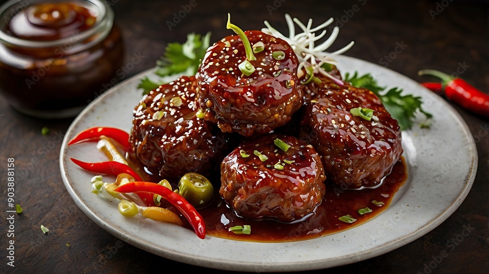 Free Photo Tender strips of crispy beef, coated in a fiery chili sauce that sizzles on the palate ai Free Photo Tender strips of crispy beef, coated in a fiery chili sauce that sizzles on the palate ai