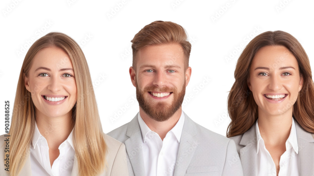 Three people smiling for a photo. The woman is wearing a white shirt and the man is wearing a gray suit. The photo is a happy and friendly one Three people smiling for a photo. The woman is wearing a white shirt and the man is wearing a gray suit. The photo is a happy and friendly one