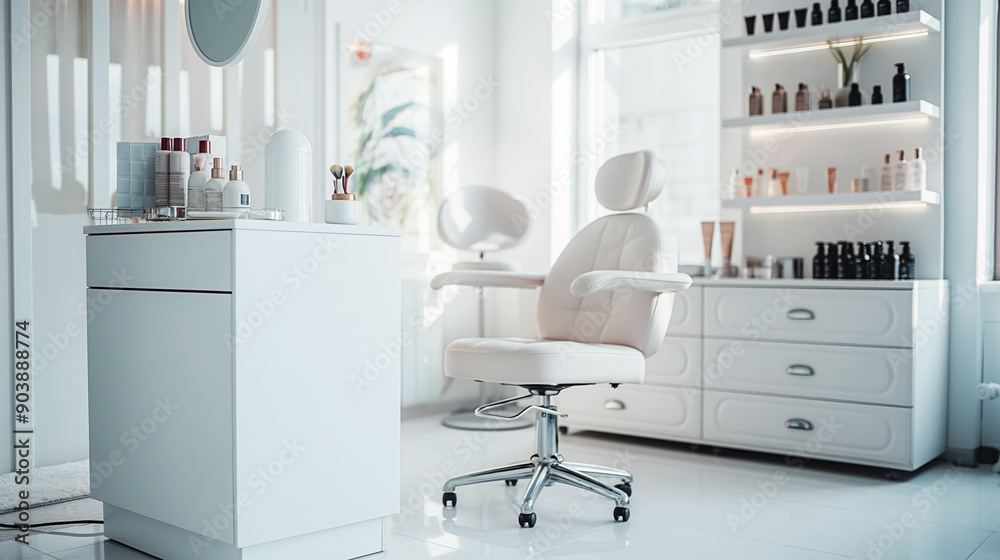 Modern luxurious beauty salon interior with white furniture, cosmetic products on shelves, bright clean atmosphere, spa concept Modern luxurious beauty salon interior with white furniture, cosmetic products on shelves, bright clean atmosphere, spa concept