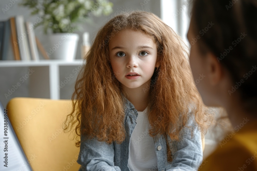 Little girl sharing her concerns with supportive child psychologist during therapy session in , ai Little girl sharing her concerns with supportive child psychologist during therapy session in , ai