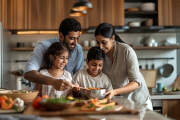 An Indian family happily prepares a meal together in their kitchen, enjoying the process with smiles.