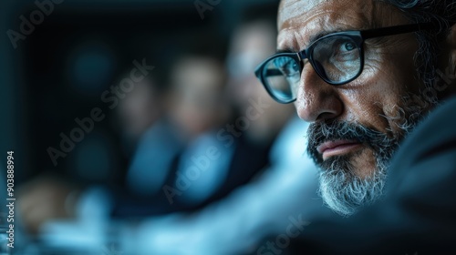 A senior executive, distinguished and focused, participates actively in a corporate meeting. The image highlights leadership, decision-making, and executive presence in a business setting.