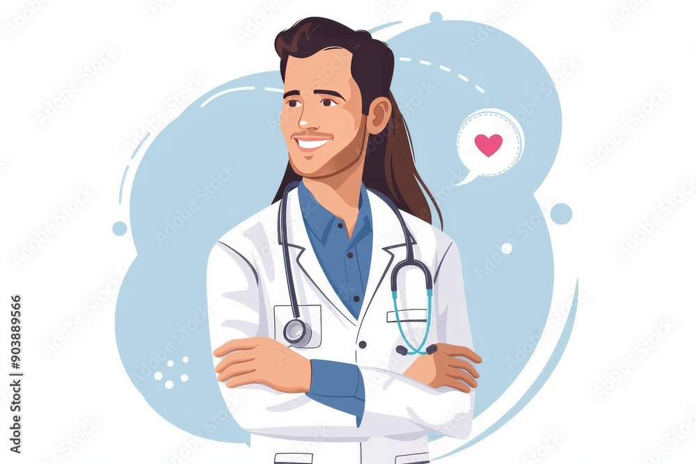 Male doctor illustration with crossed arms and a smile representing confidence and professionalism in healthcare set against a light blue background with medical icons. Male doctor illustration with crossed arms and a smile representing confidence and professionalism in healthcare set against a light blue background with medical icons.