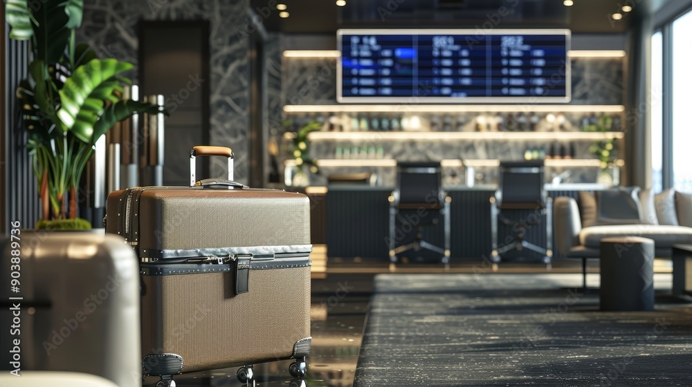 JetSet in Style Sleek Travel Case in Exclusive Business Lounge with Flight Info Screens Luxury Travel Concept JetSet in Style Sleek Travel Case in Exclusive Business Lounge with Flight Info Screens Luxury Travel Concept