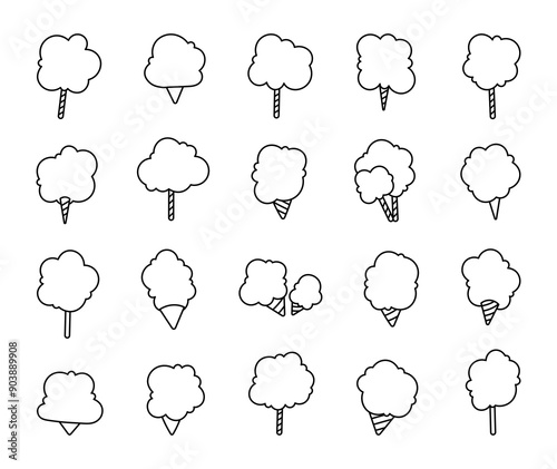 Cotton candy is a delicacy at carnivals and fairs. Coloring Page. Delicate and sweet dessert. Hand style. Vector drawing. Collection of design elements.