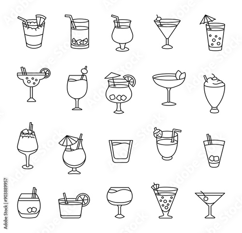 Refreshing cocktail. Coloring Page. Summer drink in a glass. Hand style. Vector drawing. Collection of design elements.
