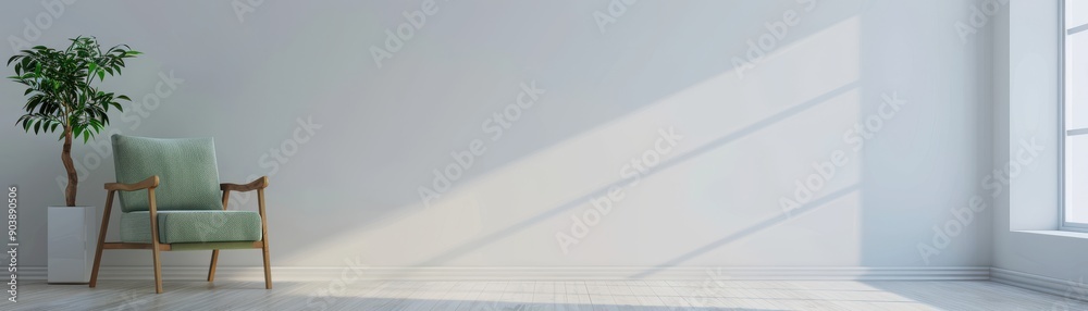 Bright and minimalistic interior featuring a green chair and natural light casting shadows on a simple white wall.