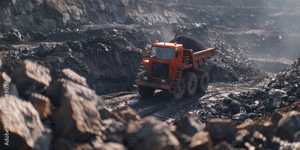 Big Dump Truck Operating at Industrial Mining Quarry Site. Deposit of Coal, Pile of Rocks Big Dump Truck Operating at Industrial Mining Quarry Site. Deposit of Coal, Pile of Rocks