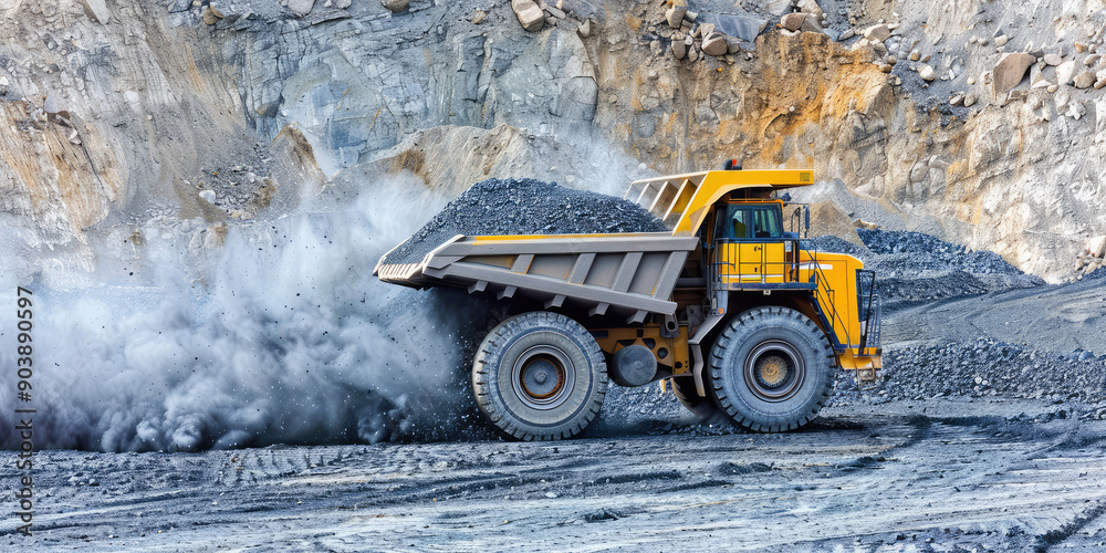 Big Dump Truck Operating at Industrial Mining Quarry Site. Deposit of Coal, Pile of Rocks Big Dump Truck Operating at Industrial Mining Quarry Site. Deposit of Coal, Pile of Rocks