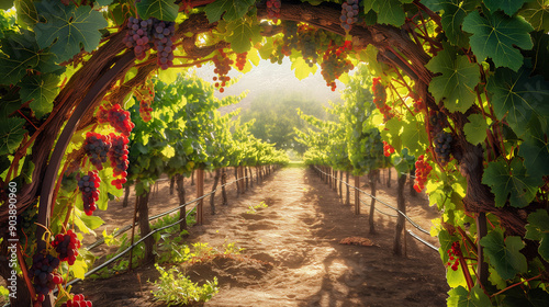 a grapevine archway leading into a vineyard photo