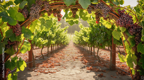 a grapevine archway leading into a vineyard photo