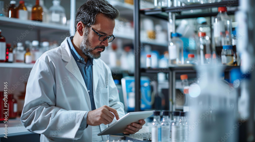 Researcher Analyzing Data on Tablet in Modern Biotechnology Lab Researcher Analyzing Data on Tablet in Modern Biotechnology Lab