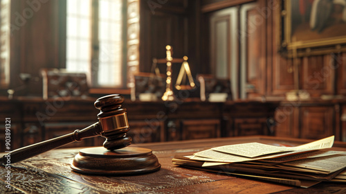 Antique scales of justice with a gavel, set in a wooden courtroom, capturing the essence of law and authority