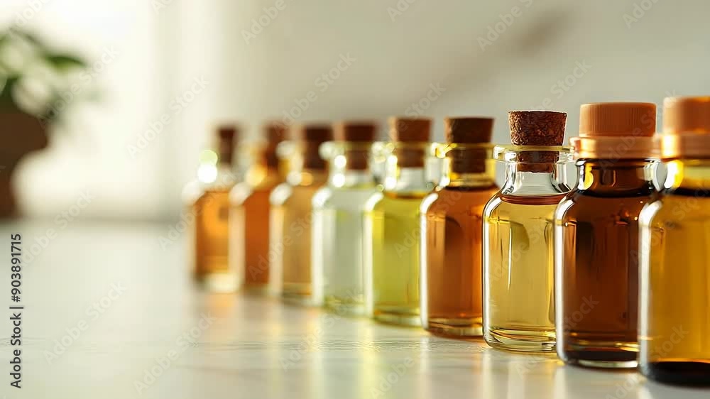 Tranquil row of essential oil bottles in soft light Tranquil row of essential oil bottles in soft light