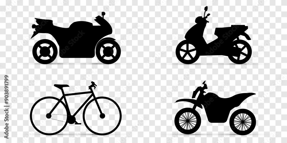Obraz premium Scooter, a sport bike, a dirt bike, and a road bicycle. These bike silhouettes are perfect for use in various design projects, including websites, mobile apps, posters, and more. Vector illustration .