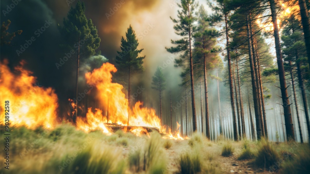 Forest fire in summer, trees burning, smoke billowing Forest fire in summer, trees burning, smoke billowing