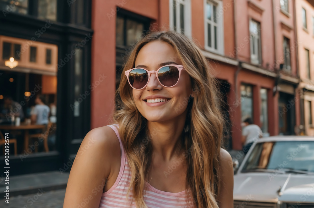 Smiling Woman in Pink Sunglasses and Striped Tank Top Enjoying a Sunny Day in a European Town Smiling Woman in Pink Sunglasses and Striped Tank Top Enjoying a Sunny Day in a European Town
