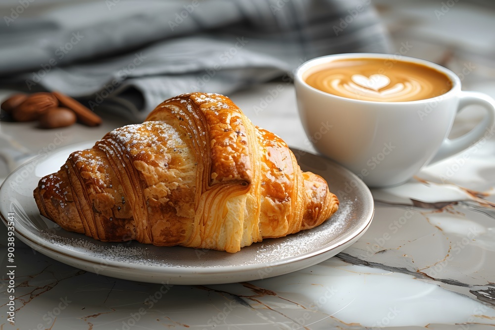 Fresh Croissant and Latte on Marble Table - Perfect Breakfast Setting for Cafe Menus and Food Blogs Fresh Croissant and Latte on Marble Table - Perfect Breakfast Setting for Cafe Menus and Food Blogs