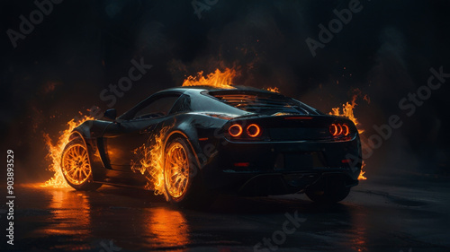 A burning car, a dark background.