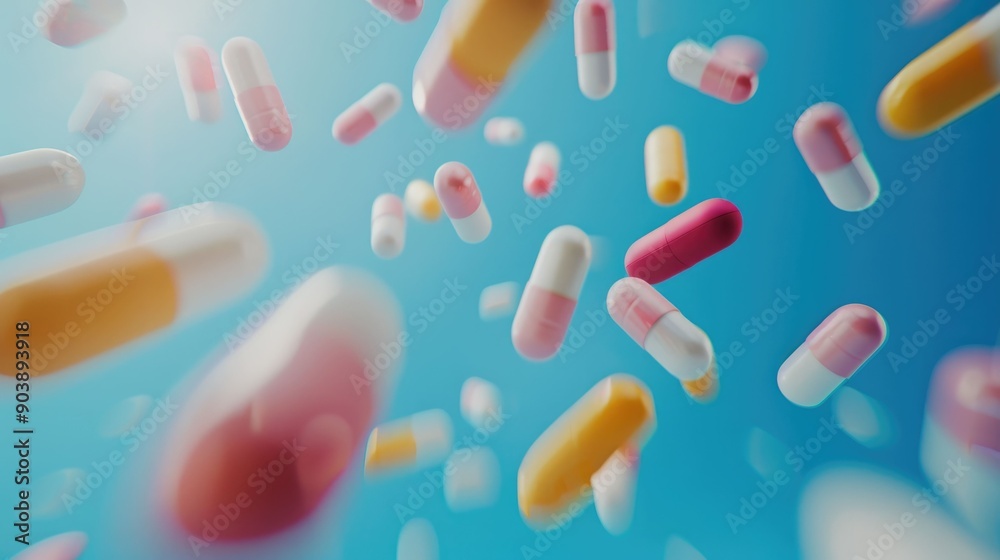 Colorful Capsules Falling Against a Blue Background Colorful Capsules Falling Against a Blue Background