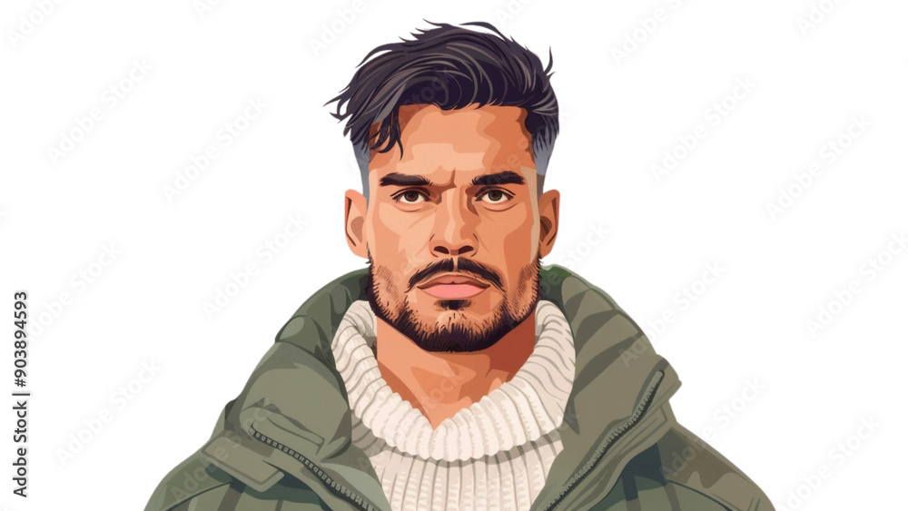 A man with a beard and a green jacket. He looks angry A man with a beard and a green jacket. He looks angry