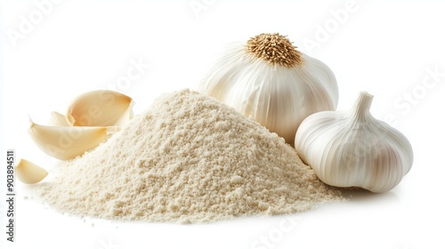 Heap of garlic powder on a white background, close up, side view