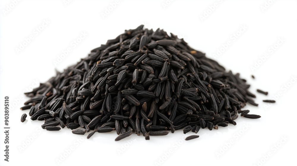 Heap of black cumin seed on white background, close-up, side view Heap of black cumin seed on white background, close-up, side view