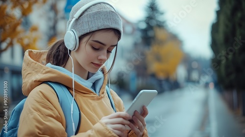 Active Lifestyle. Young fitness woman choosing music for jogging photo