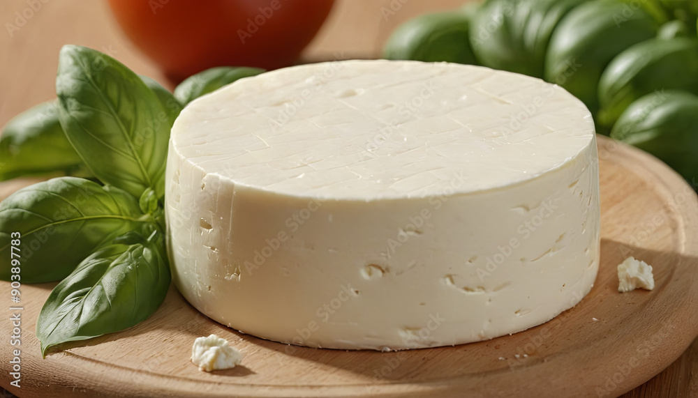 A round cheese wheel surrounded by fresh basil leaves and ripe tomatoes set on a wooden surface, showcasing natural ingredients A round cheese wheel surrounded by fresh basil leaves and ripe tomatoes set on a wooden surface, showcasing natural ingredients