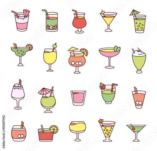 Refreshing cocktail. Summer drink in a glass. Hand style. Vector drawing. Collection of design elements.
