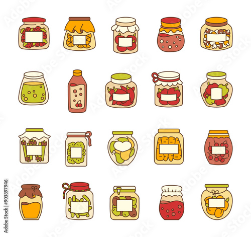 Canned pickled vegetables and fruit jam. Jars for food preservation. Hand drawn style. Vector drawing. Collection of design elements.