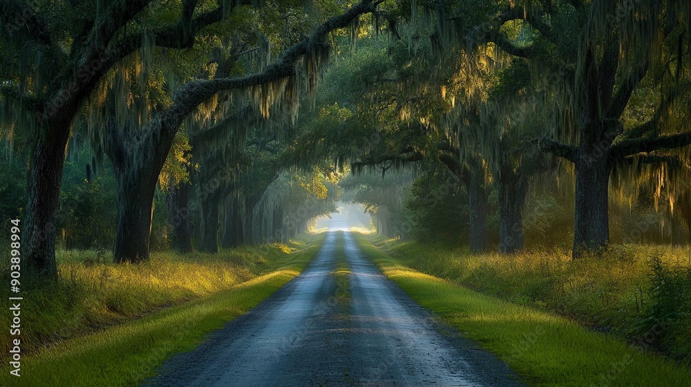 Obraz premium Serene Country Road Lined with Majestic Ancient Oaks