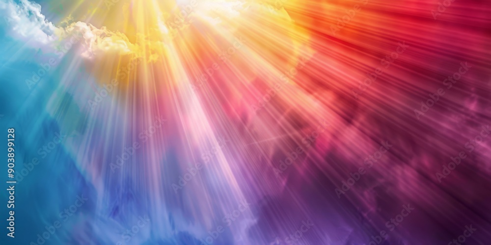 Beautiful vibrant rainbow sunrays beaming through clouds, creating a stunning and colorful sky background. Beautiful vibrant rainbow sunrays beaming through clouds, creating a stunning and colorful sky background.