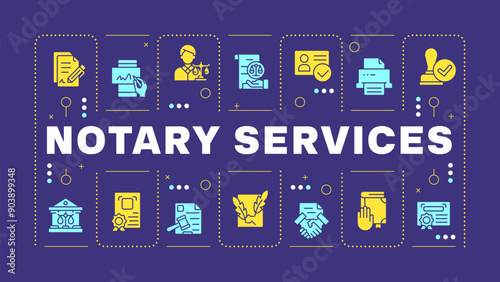 Notary services blue word concept. Signing document, paperwork. Will and trust, oath. Visual communication. Vector art with lettering text, editable glyph icons. Hubot Sans font used