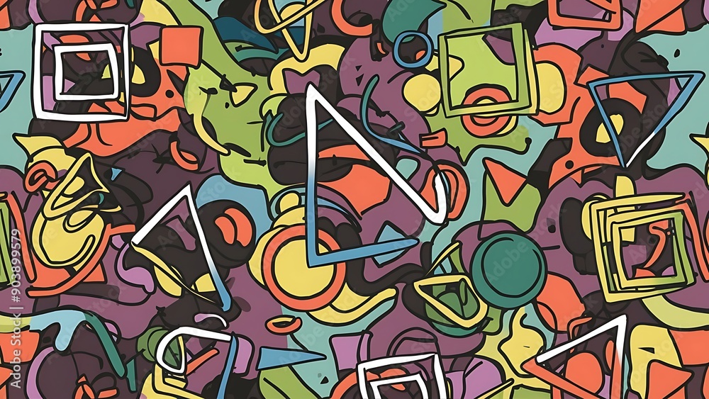 Fototapeta premium Colorful abstract doodle shape seamless pattern. Creative minimalist style art background, trendy design with basic shapes. Modern color wallpaper print backdrop