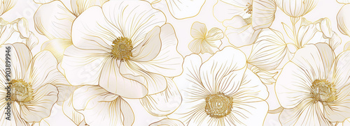 Wallpaper Mural botanical acrylic fluid design with golden foil flowers and leaves, floral background Torontodigital.ca