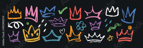 Vector hand drawn crown set isolated on black background. Colorful king or prince diadem different shape. Brush grunge texture princess tiara or royal queen medieval head accessories in graffiti style