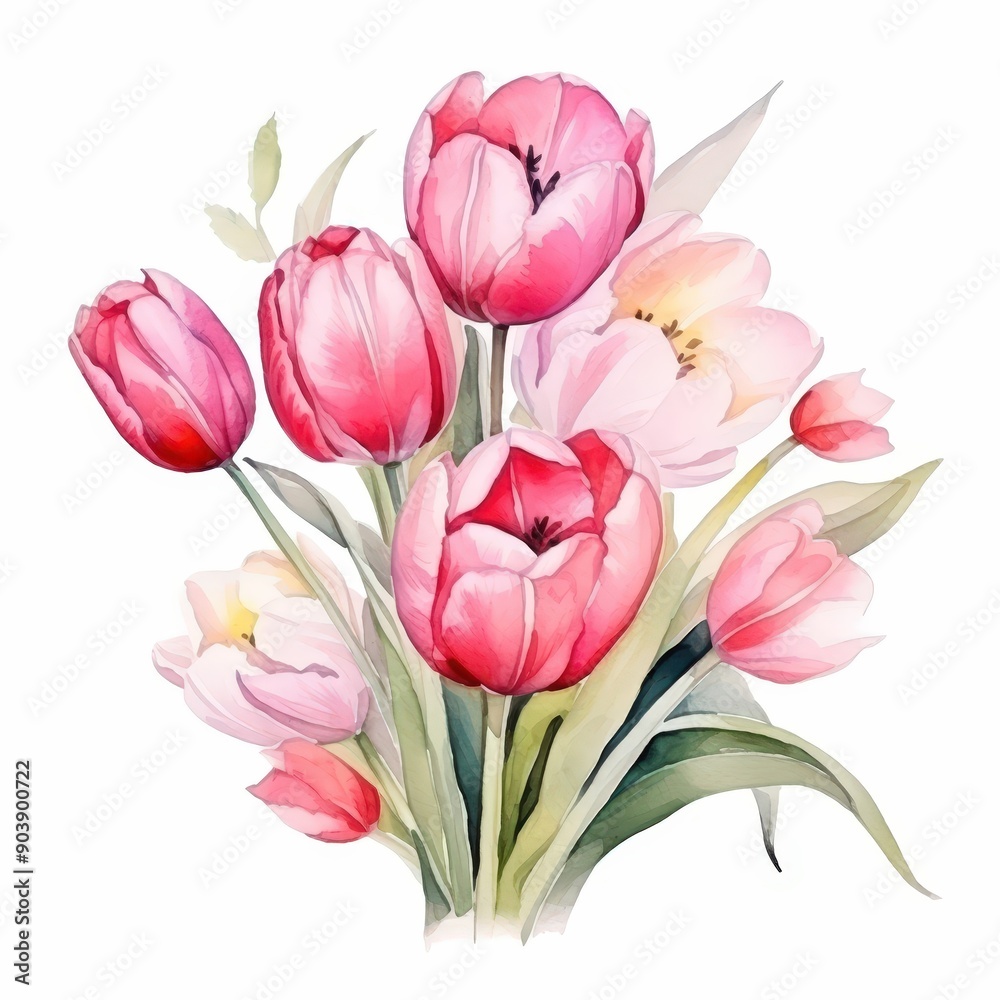 Watercolor Painting of a Bouquet of Pink Tulips Watercolor Painting of a Bouquet of Pink Tulips