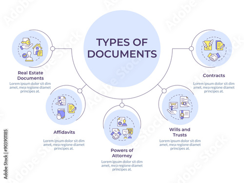 Notarization service documents circular diagram infographic. Real estate, affidavit. Data visualization with 5 options. Hierarchy chart round. Montserrat SemiBold, Lato Regular fonts used