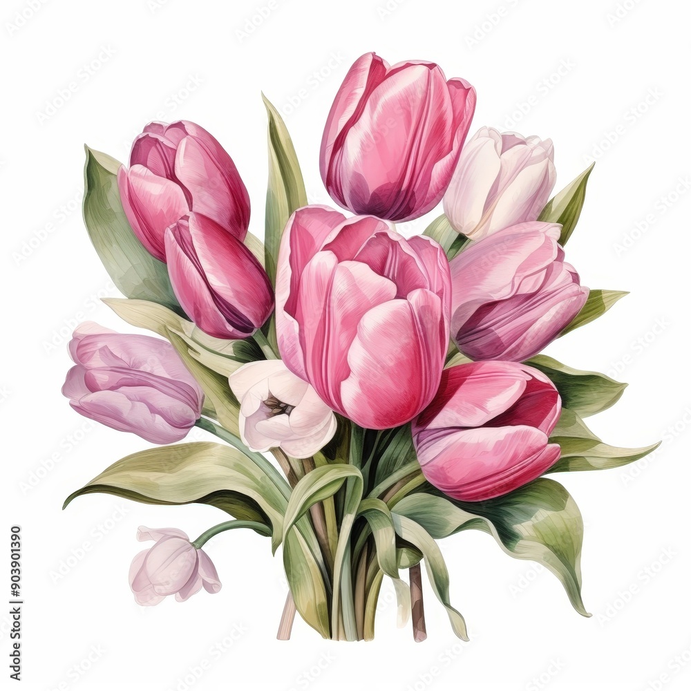 Watercolor Painting of a Bouquet of Pink Tulips Watercolor Painting of a Bouquet of Pink Tulips