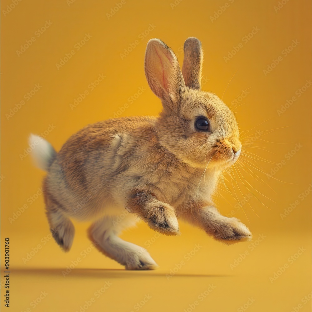 Obraz premium A cute baby bunny rabbit hopping on a yellow isolated background in minimal design.