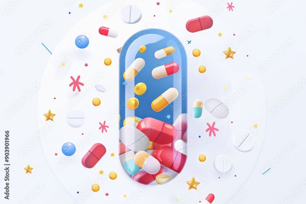 Vibrant illustration of various colorful pills and capsules floating against a white background with sparkles. Vibrant illustration of various colorful pills and capsules floating against a white background with sparkles.
