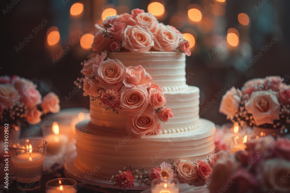 Wedding cake with pink roses on it, Food background Wedding cake with pink roses on it, Food background